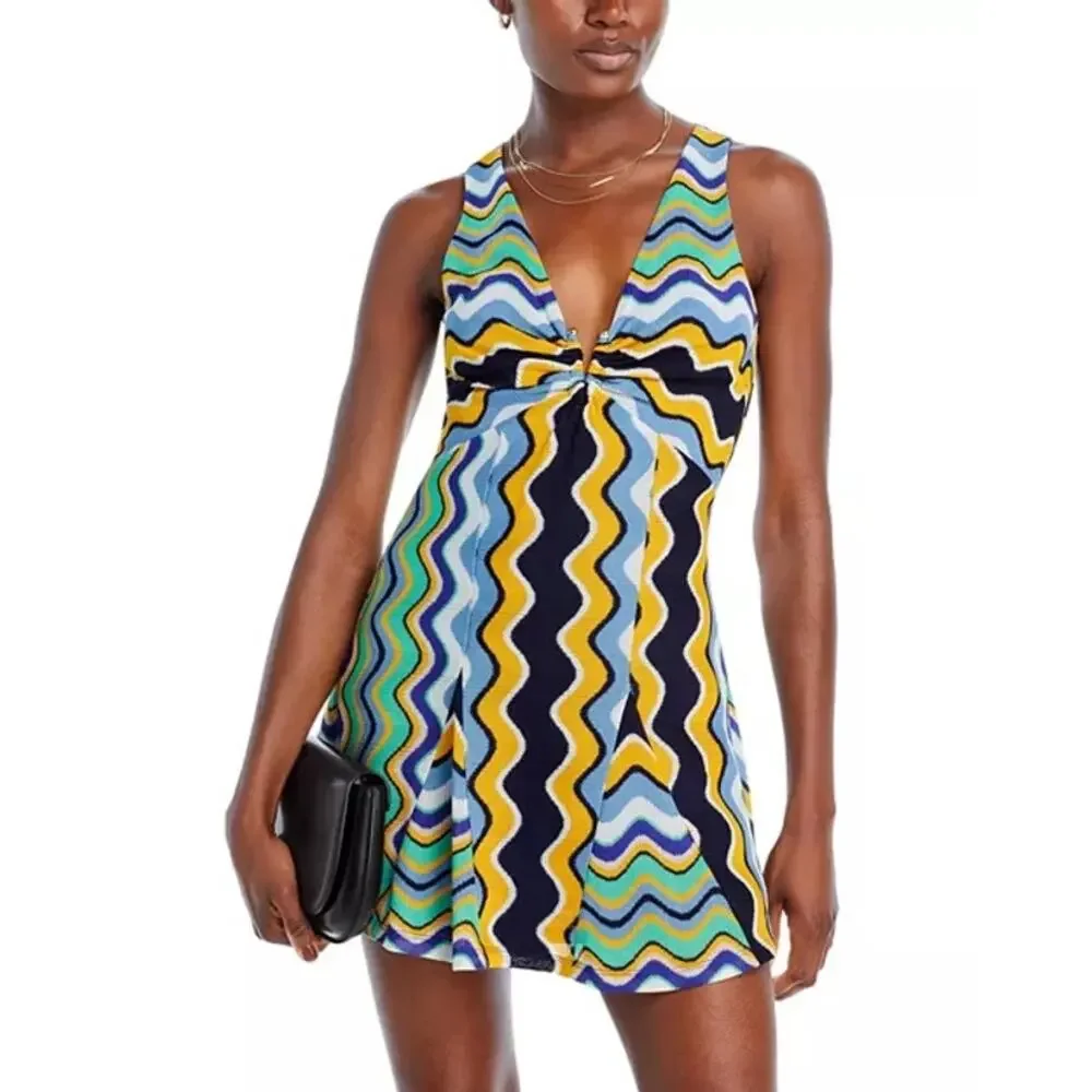 Ramy Brook Mini Dress Blue Green Mod Size 10 Large NWT Resort Cruise Vacation